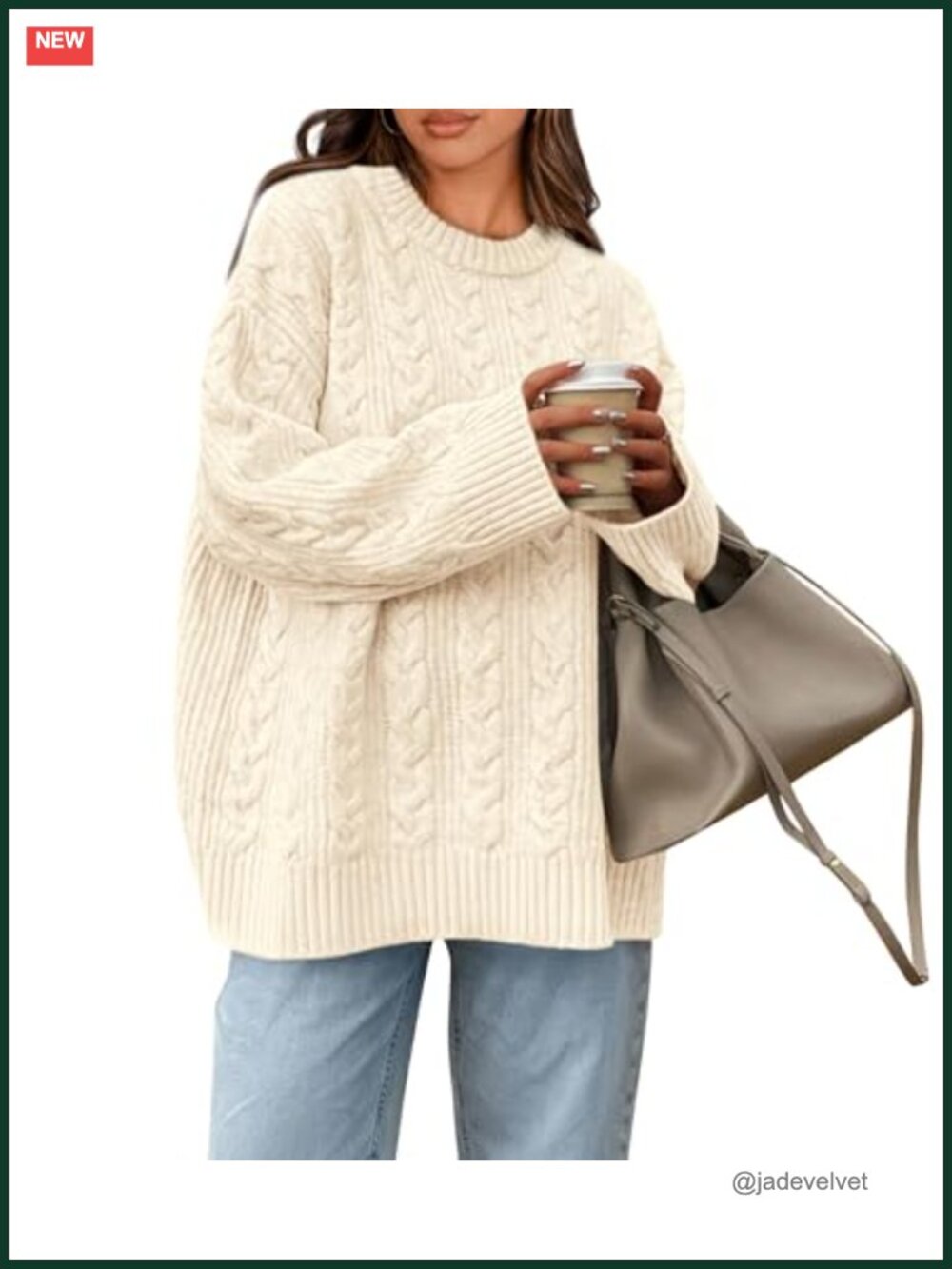 Women's Oversized Crew Neck Cable Knit Pullover Sweater Long Sleeve